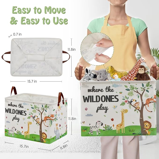 Jungle Safari Nursery Decor Basket -Elephant Giraffe Baby Boy Laundry Basket, Tropicals Laundry Hamper, Kids Toy Box Bin for Bedroom Bathroom Livingroom
