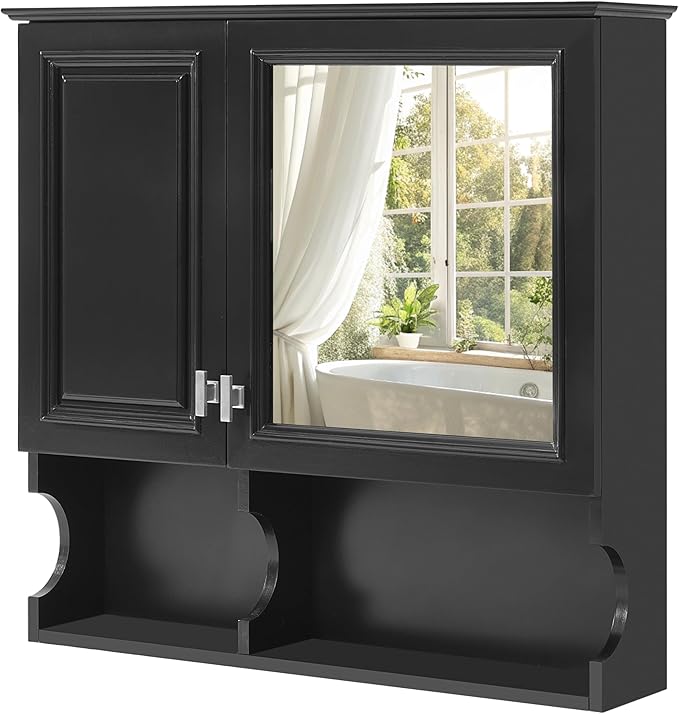 Merax Bathroom Wall Cabinet with Mirror, Wall Mounted Medicine Cabinet with Adjustable Shelves and Open Spaces, 30" x 28" Mirrored Door Over The Toilet Bathroom Storage Cabinet