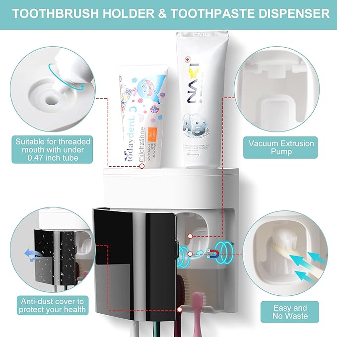 GFWARE Toothbrush Holder Toothpaste Dispenser Wall Mounted with Cover, 4 Slots Tooth Brush Storage Organizer with Automatic Kids Toothpaste Squeezers for Shower Bathroom Black