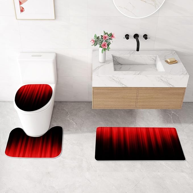 Litabel 4 Pcs Red and Black Gradient Shower Curtain Set with Rugs and Toilet Lid Cover, Modern Simple Waterproof Fabric Bathroom Set, Ombre Stripe Gothic Abstract Bathroom Decor Set Accessories