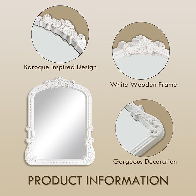 Small White Vanity Desk Mirror Vintage Mirror Arched Farmhouse Chic Table Baroque Wall Mirror for Living Room Tabletop Bedroom Dresser Countertop 9.6x12.3