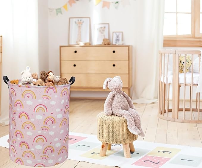 Baby Laundry Basket Kids Hamper Toy Storage Bin for Boys Room Decor Baby Nursery Hamper Gift Baskets for Bedroom Bathroom(Pink Rainbows)
