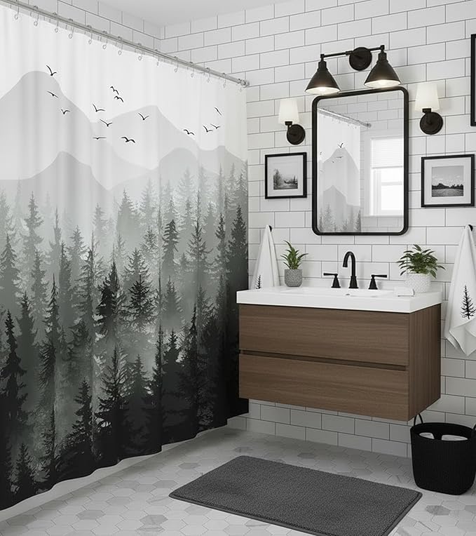 Accnicc 78 Inch Long Black and White Misty Forest Shower Curtain Ombre Dark Gray Mountain Pine Tree Waterproof Fabric Shower Curtains for Bathroom Grey Nature Woodland Decorative Bath Curtain Decor