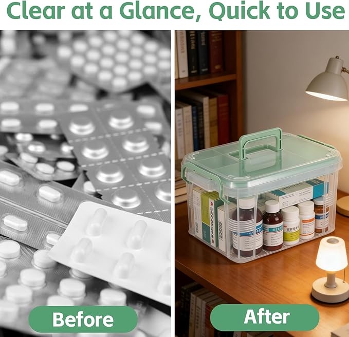 2 Pack Clear Medicine Organizer Box with Handle Thickened Plastic Medicine Cabinet with Tray First Aid Box Empty Multipurpose Medical Container Medication Caddy for Home Travel Dorm