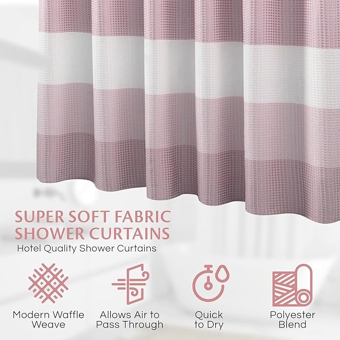 Dainty Home Ombre Waffle Weave Shower Curtain 70 x 72 Blush Textured Fabric Shower Curtain, Hotel Style Waffle Weave Bathroom Curtain, Water Resistant Polyester Ombre Shower Curtain