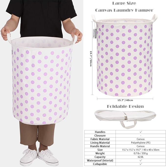 Sea Team 2-Pack 19.7 Inches Large Sized Waterproof Coating Ramie Cotton Fabric Folding Laundry Hamper Bucket Cylindric Burlap Canvas Storage Basket with Stylish Polka Dot Design (19.7", Purple)