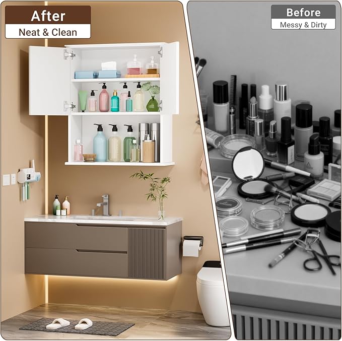 White Bathroom wall Cabinet,Over the Toilet Storage Cabinet,Bathroom and Laundry Wall Mount Storage Medicine Cabinet with Open and Adjustable Shelf,Easy Assembly (Style B-1 PC, White)