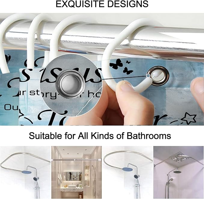 Lnond 4Pcs Bathroom Shower Curtain Sets with Rugs, Blue Motivational Home Family Bathroom Sets with Shower Curtain and Rugs and Accessories