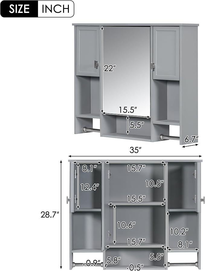 Merax Medicine Cabinet for Bathroom, Wall Mount Bathroom Cabinet with Mirror, Open Shelf, and Towel Bar, 35" W x 28.7" H Over The Toilet Mirrored Bath Wall Cabinet