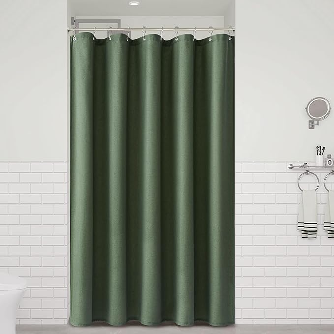 Naturoom 60 Inch Shower Curtain - Stall Narrow Half Green Linen Ultra Thick Fabric Shower Curtain Set with Hooks, Boho Farmhouse Rustic RV Camper Bath Curtains for Bathroom, Olive Green, 60x72