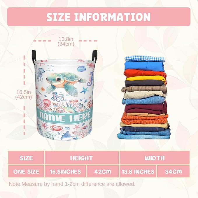 Custom Turtle Laundry Baskets, Personalized Turtle Gifts with Customized Name, Collapsible Laundry Hamper for Kids Adults Home Decoration,16.5 X 13.8in