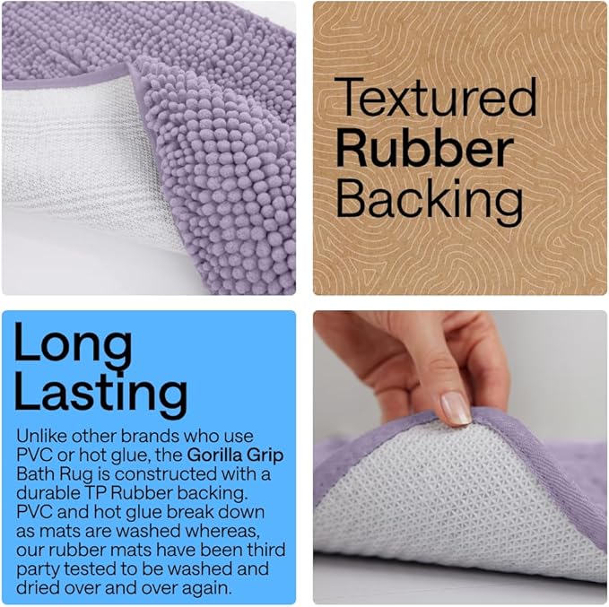 GORILLA GRIP Bath Rug Mat 36x24 Thick Soft Absorbent Chenille, Quick Dry Microfiber Mats, Rubber Backing Washable Shower Floor Rugs, Bathmat Runner Bathroom Home Decor Accessories Light Purple
