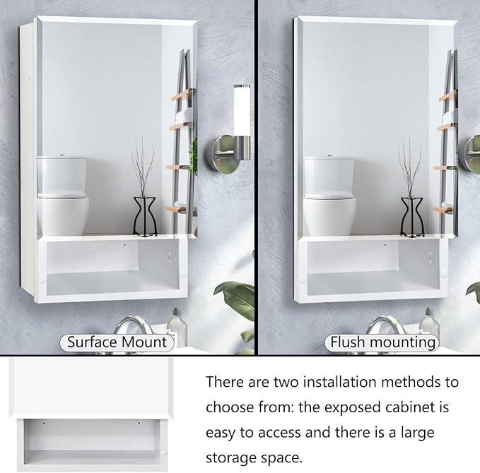 16x26 Bathroom Mirror with Storage, Recessed & Surface Mount Medicine Cabinet, Beveled Edge Bathroom Cabinet with Mirror, Wall Mounted Mirror Cabinet, with Modern Sleek Design