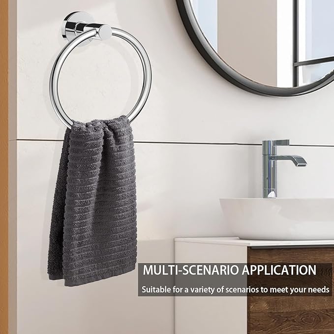 WOOPHEN Hand Towel Ring, Thicken Stainless Steel Bath Towel Holder Modern Round Towel Hanger Wall Mounted for Bathroom, Kitchen (Chrome Finish)