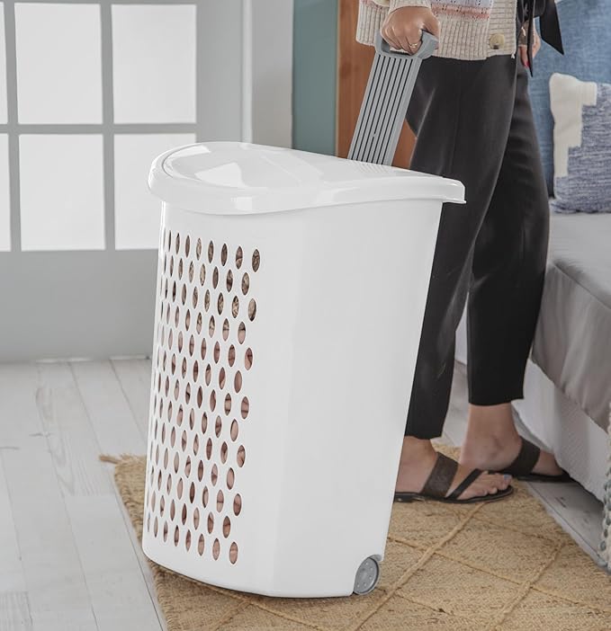 2-Bushel Capacity Laundry Basket With Wheels and Lid,Plastic Rolling Laundry Hampers,Retractable handle,White,Suitable for use in Home and Dormitories