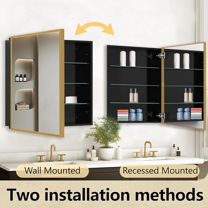 Bathroom Medicine Cabinet with Mirror, Recess or Surface Mount, Single Door Cabinet Famerhouse Bathroom Mirror with Storage Cabinet (Brush Gold, 16"x26")