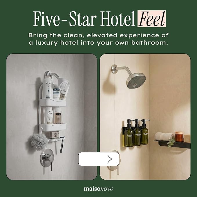 Shampoo and Conditioner Dispenser Wall Mounted Set of 3 Green - No Drill Shower Soap Dispenser for Bathroom Refillable - Spa Hotel Style Accessories by MaisoNovo