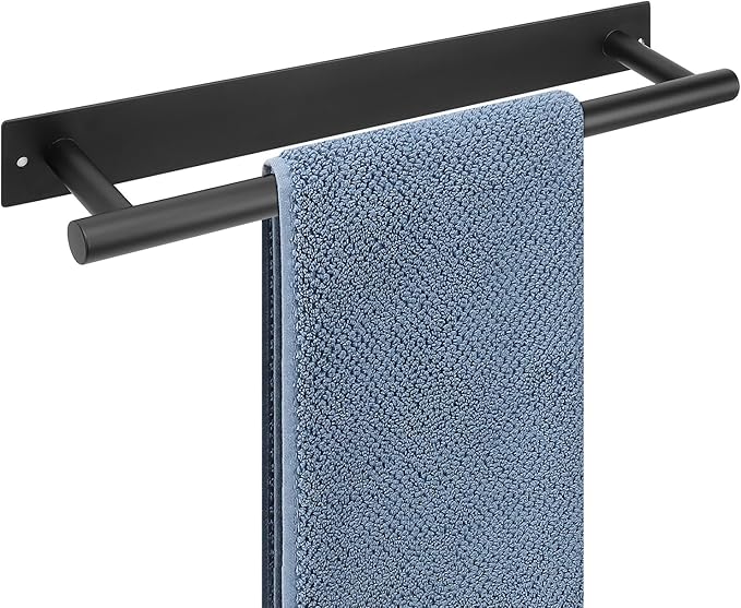 Self Adhesive Towel Bar, 16 Inch Round Towel Racks for Bathroom Wall Mounted SUS304 Stainless Steel Towel Hanger for Kitchen, No Drill or Screw-Mounted Towel Holder (Matte Black)