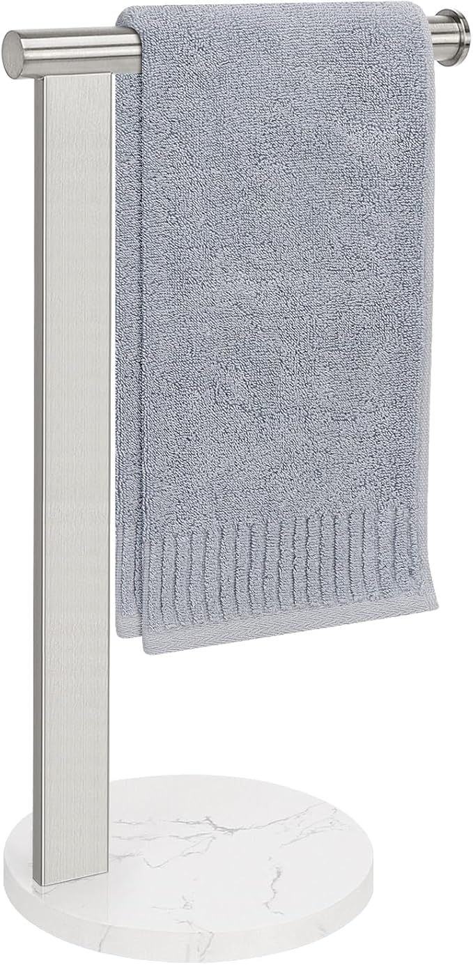 Hand Towel Holder Stand for Bathroom, L- Shaped Standing Hand Towel Rack, Towel Bar Kitchen Vanity Countertop Organizer, SUS304 Stainless Steel Material (Marble Base, Brushed Nickel)