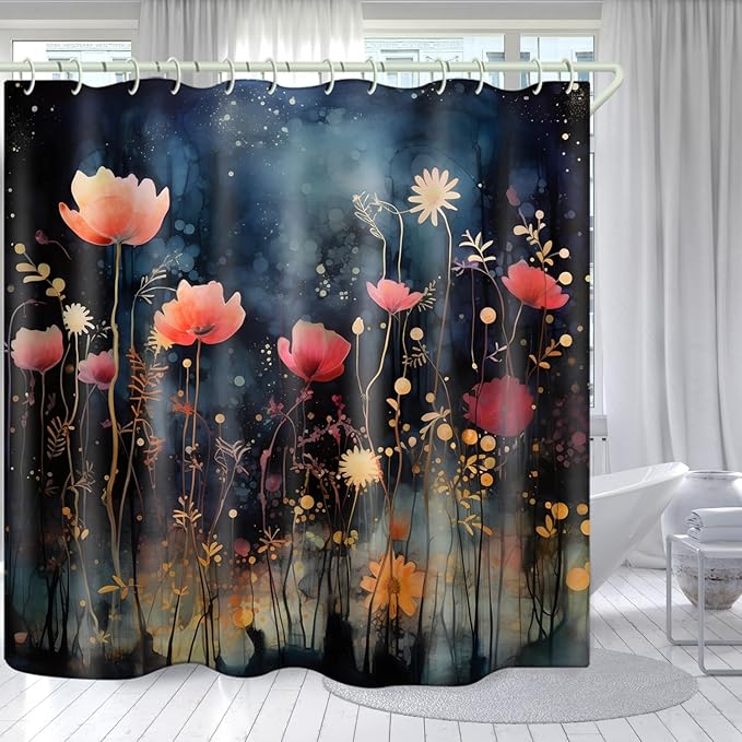 Bright Fabric Shower Curtains, Vintage Floral Theme Design Art Shower Curtains, Bathroom Decor Set, 12 Shower Curtain Hooks (72 "Wx72 L) Inch Waterproof Shower Curtain.