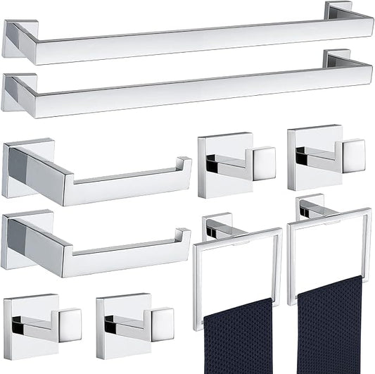 10 Pieces Bathroom Hardware Accessories Set Polished Chrome,24 Inch Bathroom Towel Rack Set SUS304 Stainless Steel, Square Bath Towel bar Set Heavy Duty, Wall Mounted