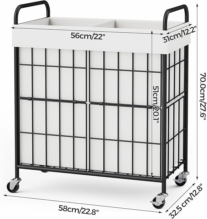2 Section Laundry Hamper with Wheels and Brake, 100L Laundry Sorter Cart with 2 Removable Liner Bags, Metal Handle, Rolling Laundry Basket for Bedroom Laundry Room
