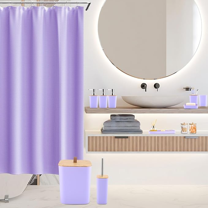 XLHOMO Bathroom Sets with Shower Curtain and Rugs, 27PCS Purple Bathroom Accessories Set with Trash Can, Purple Shower Curtain Set, No Slip Super Absorbent Bathroom Rugs