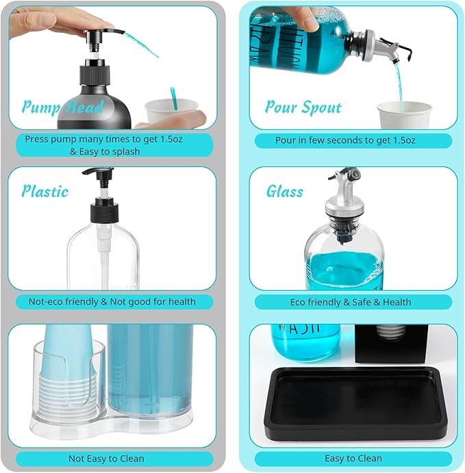 Glass Mouthwash Dispenser for Bathroom, 16 OZ Mouthwash Dispenser with Pour Spout and Wood Cup Holder and Tray, Mouth Wash Bottle Container, Black Kitchen Bathroom Decor and Accessories