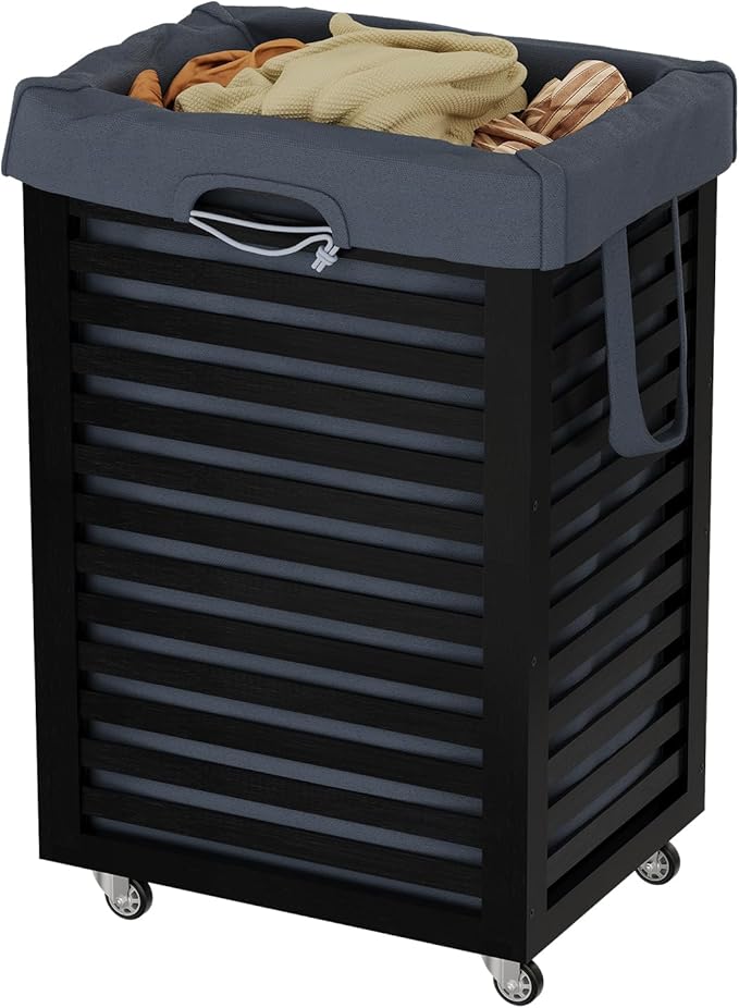 Laundry Hamper with Wheels,Rolling Laundry Basket with Removable Bag,Bamboo Clothes Hampers with Handles for Clothing, Bathroom, Bedroom, Laundry Room (Black)