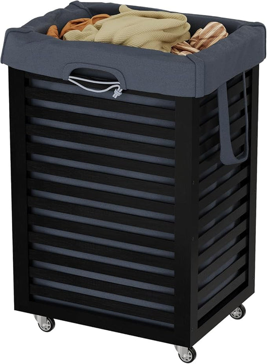 Laundry Hamper with Wheels,Rolling Laundry Basket with Removable Bag,Bamboo Clothes Hampers with Handles for Clothing, Bathroom, Bedroom, Laundry Room (Black)