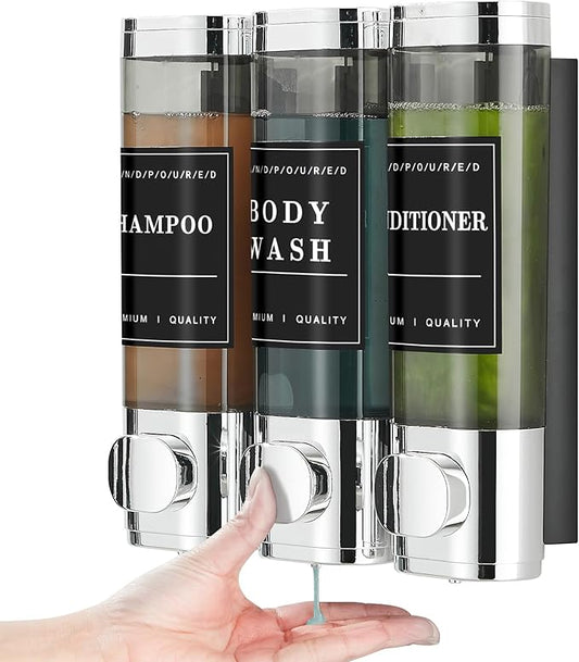 Unisense Shower Soap Dispenser 3 Chamber No Drill Shampoo and Conditioner Dispenser Wall-Mounted Shampoo Dispenser for Shower Wall Mounted Shower Dispenser for Bathroom Hotel Large Capacity,Chrome