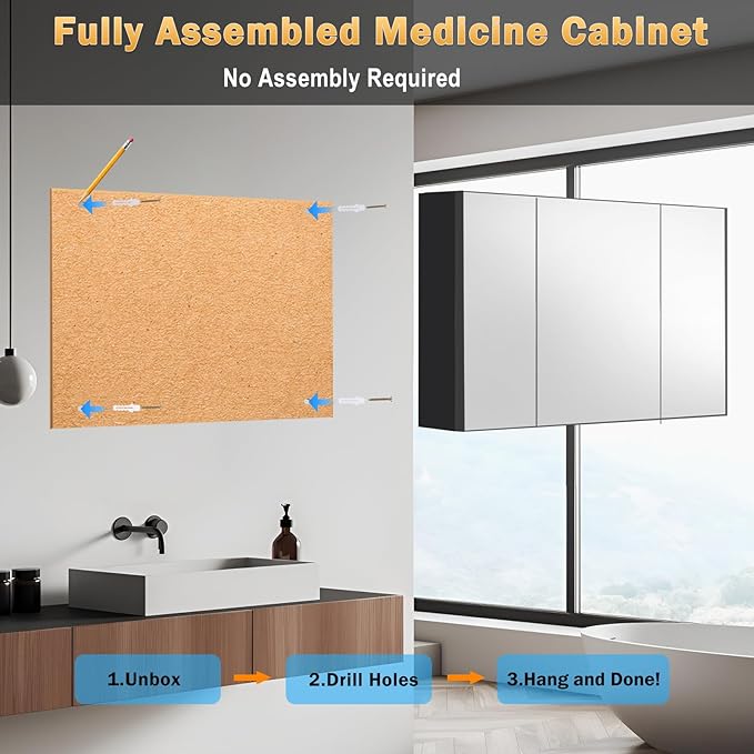 28x40 Inch Bathroom Medicine Cabinet with Mirror, Pre-Assembled Bathroom Medicine Cabinets, Surface/Recessed Wall Mounted Farmhouse Large Medicine Cabinet, Black