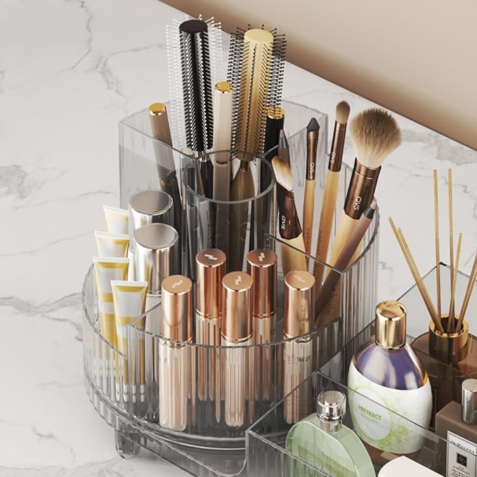 Roating Makeup Organizer for Vanity, Large Capacity Cosmetic Display Case, Clear Acrylic Countertop Beauty Storage Holder for Skincare, Brush Eyeshadow Lipstick, Counter Desk, Crystal Amber