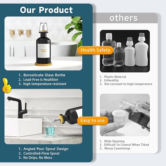 Black Glass Mouthwash Dispenser for Bathroom Countertop – 14oz/410ml Refillable Mouthwash Container with Glass Cup & Bamboo Tray, Modern Bathroom Decor for Home, Office, Airbnb (Black)