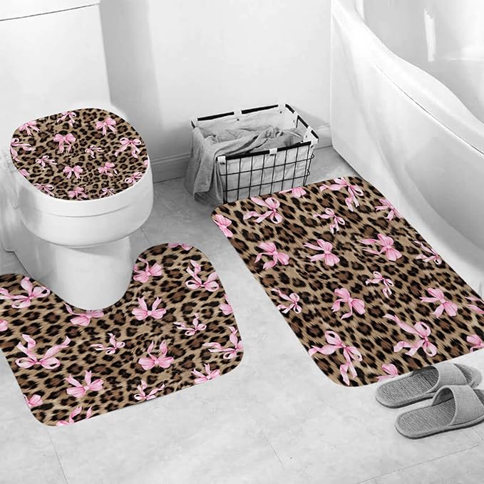 Onalasyc 4 Pcs Leopard Shower Curtain, Cheetah Bow Print Bathroom Set Shower Curtain Sets with Rugs, Waterproof Brown Pink Bow Animal Print Bathroom Curtains Shower Set,12 Pcs Hook,71 x 71 in