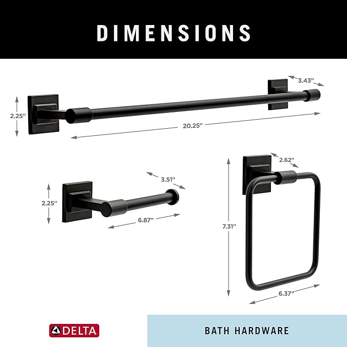Delta Faucet McLaren 3-Piece Bathroom Set, Matte Black, 18"/24" Towel Rack, Toilet Paper Holder, Ring MCL63-MB