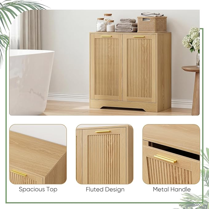 Smuxee Double Tilt Out Laundry Hamper Cabinet, Hidden Laundry Cabinet with Double Baskets, Natural Trash Can with Small Fluted Doors for Bathroom, Kitchen