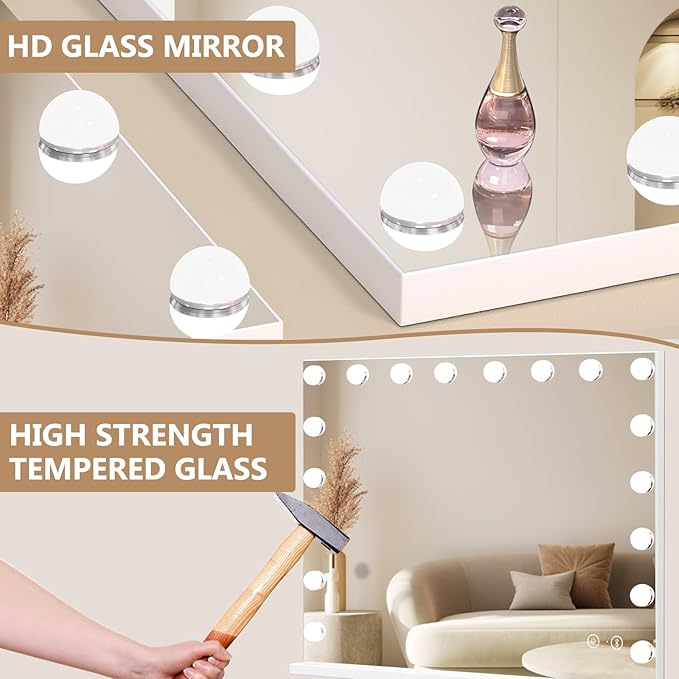 Fenair Large Vanity Mirror with Lights and Speaker Hollywood Lighted Makeup Mirror with Sturdy Base, 18 Dimmable LED Bulbs, 3 Light Colors, USB Charge Port