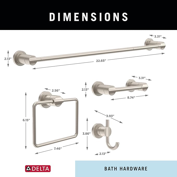 DELTA FAUCET NIC64-DN Nicoli 4-Piece Bath Hardware Set 18 to 24 in. Towel Bar, Toilet Paper Holder, Towel Ring, Towel Hook in Brushed Nickel