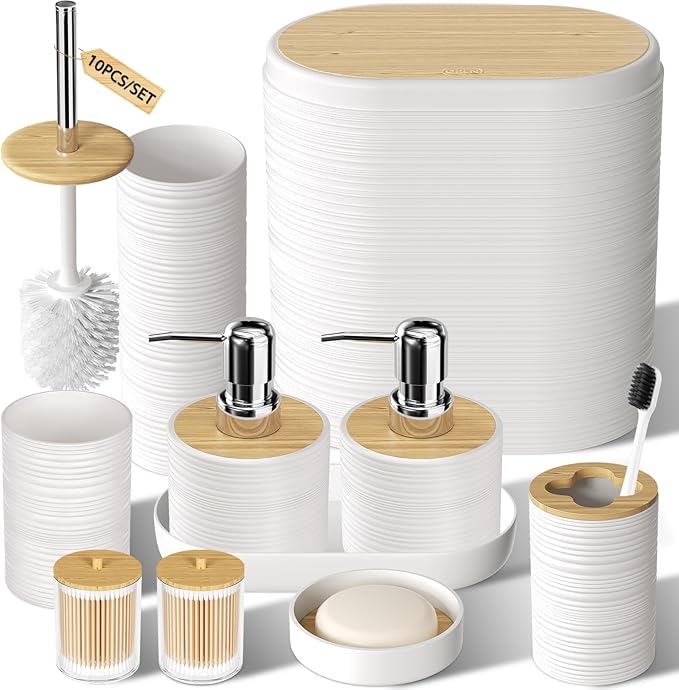 XLHOMO White Bathroom Set - 10PC Bathroom Accessories Set, Luxury Bathroom Accessory Set with Trash Can,Toilet Brush & 2 PC Soap Dispensers for Apartment Decor and Housewarming