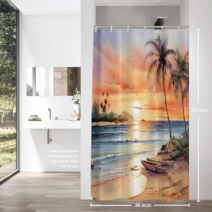 Shrahala Summer Sunset Beach Decorative Shower Curtain, Tropical Seaside Scene Bathroom Décor Polyester Fiber Waterproof with Plastic Rings for Shower Stall Bathtubs 72 X 36 in