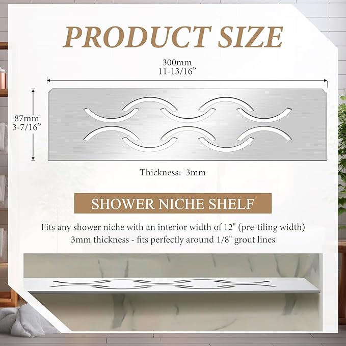 Teenyyou 1 Pack Niche Rectangular Shelf for 12 Prefabricated Board Niche Fits 5/32 Grout Line, 4mm Thick, Bathroom Wave Design, Marine Grade Brushed 316 Stainless Steel