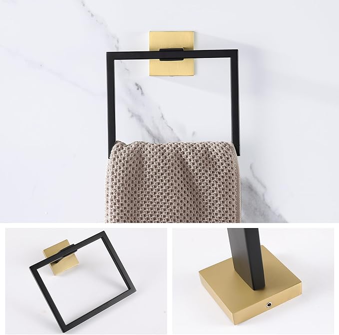 LANC Hand Towel Holder for Bathroom Wall Mount Matte Black and Brushed Gold Square Hand Towel Holder for Bath Lavatory SUS304 Stainless Steel Modern Style Shower Towel Towel Racks Hanger, A8896GK