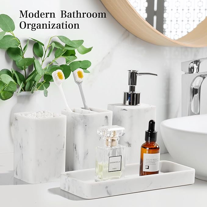 YMXYJM Bathroom Accessories Set, 4 Pcs Bathroom Accessory Set, Soap Dispenser, Toothbrush Holder, Qtip Holder Set, Bathroom Sets Complete, Bathroom Sink Set for Modern Home Decor, White