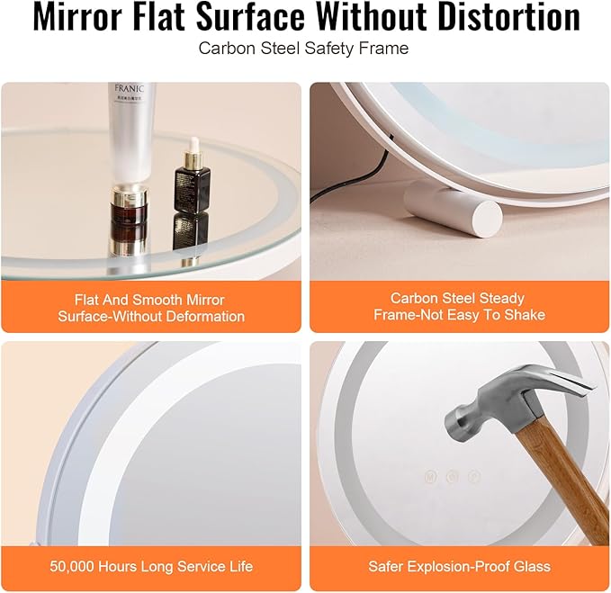 VEVOR 20” Vanity Mirror with Lights, LED Makeup Mirror 3 Color Lighting Modes, with 5X Magnification Mirror, Smart Touch Control, 360°Rotation,Round Lighted Makeup Mirror for Bedroom Tabletop (White)