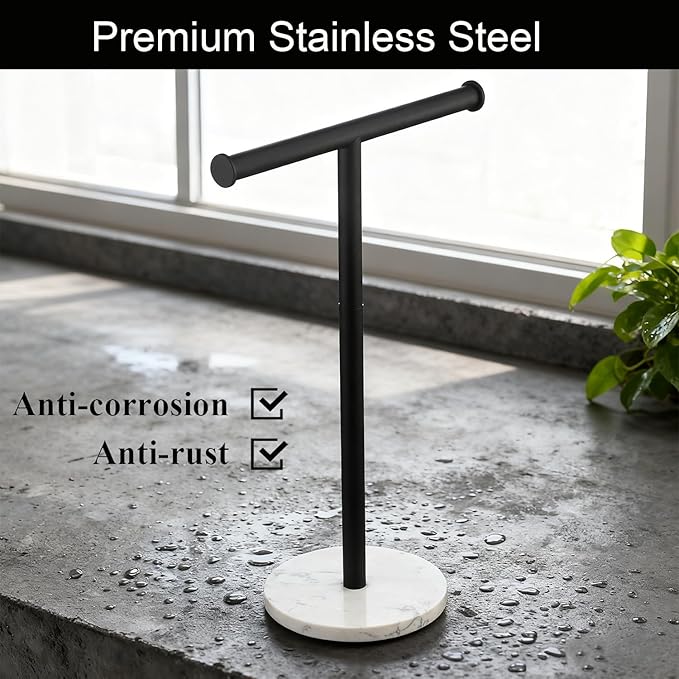 Hand Towel Holder, NEWRAIN Countertop Hand Towel Holder Stand, Stainless Steel Free Standing Hand Towel Rack with Heavy Marble Base, for Bathroom Kitchen & Counter top, Matte Black