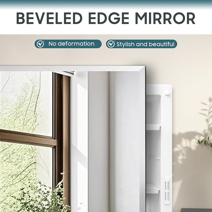 16x22 inch Plastic Medicine Cabinet with Mirror, Recessed Medicine Cabinet or Surface Wall Mount Bathroom Cabinets with Adjustable Shelves, Beveled Edge Mirror Cabinet