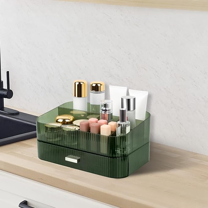 Makeup Organizer With Large Capacity, Cosmetics Organizer for Bedroom and Bathroom Vanity Countertops, Huge Capacity Cosmetic Storage Box for Skincare Cream Perfume Lipstick Dresser Counter-Green