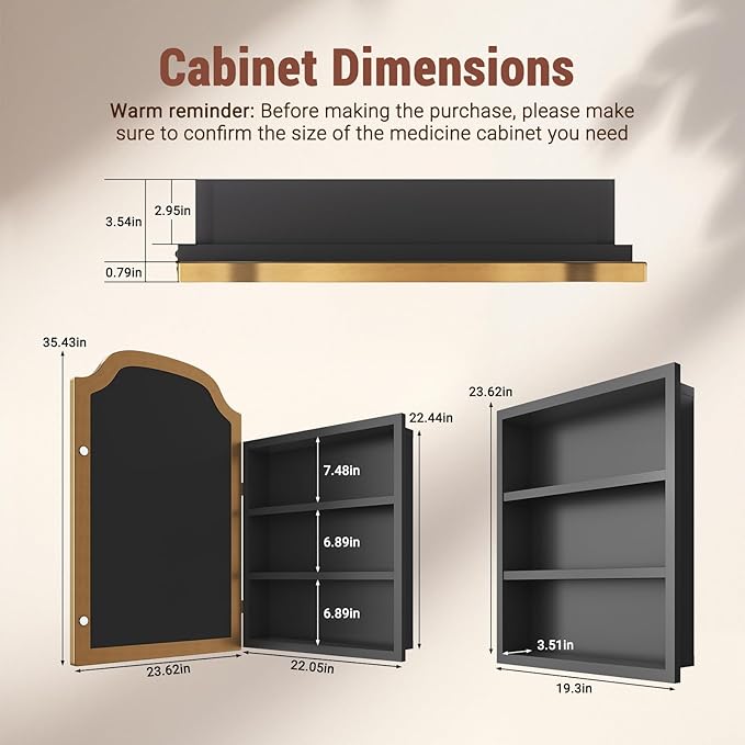 24x35 Inch Medicine Cabinet - Surface Mount or Recessed Bathroom Mirror Cabinet with Storage, Metal Framed, Sturdy & Easy Installation（Gold）