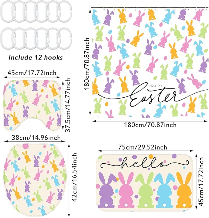 Drydiet 4 Pcs Easter Bunny Shower Curtain Sets 71 x 71 Inches Non Slip Rugs Toilet Lid Cover Bath Mat and 12 Hooks Easter Bathroom Shower Curtain for Bathroom Spring Decorations Farmhouse Home Decor